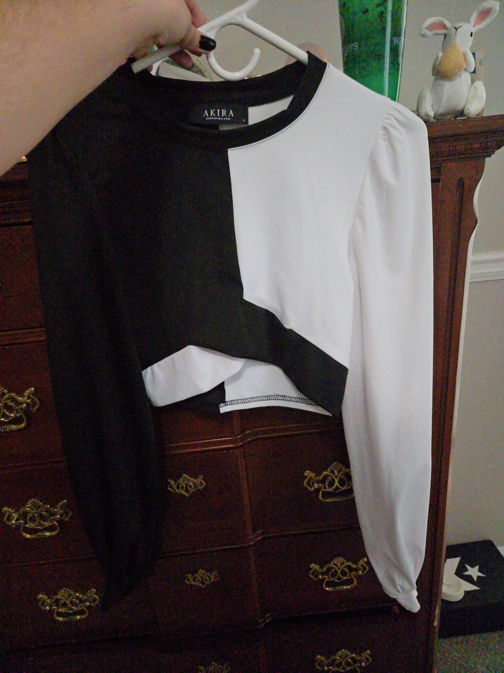 AKIRA Black and White Asymmetrical Long-Sleeve Crop Top